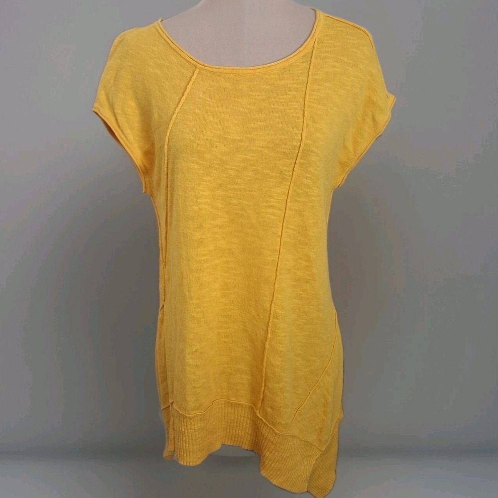 EILEEN FISHER Top Organic Linen & Cotton Mustard Yellow Sz S Blouse Cap Sleeve